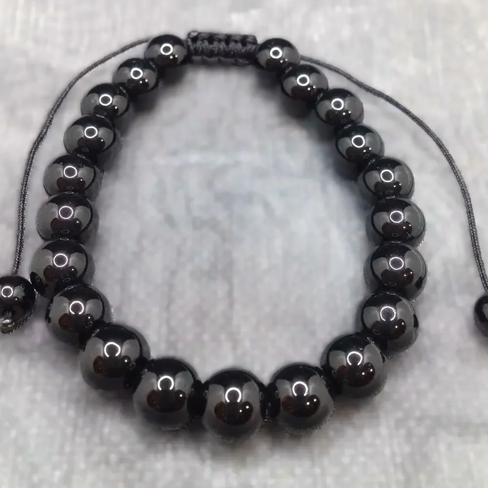 Black Obsidian Gemstone Bracelet Adjustable Macrame Sliding Knot Unisex Boho NEW
